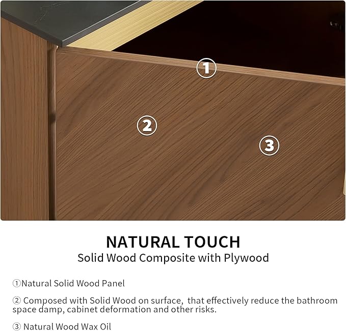 LKTART 30 Inch Bathroom Vanity with Sink, Modern Wall Mounted Bathroom Storage Cabinet with 2 Doors, Black Sintered Stone Countertop and White Round Ceramic Basin, Brown