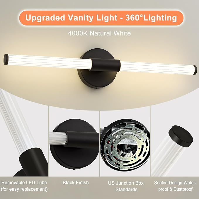 LED Bathroom Vanity Lights Black Modern Wall Sconce 24" | 360° Bright Lighting, Dimmable Vanity Light Bar, Hardwired Wall Lights 4000K Natural White for Mirror