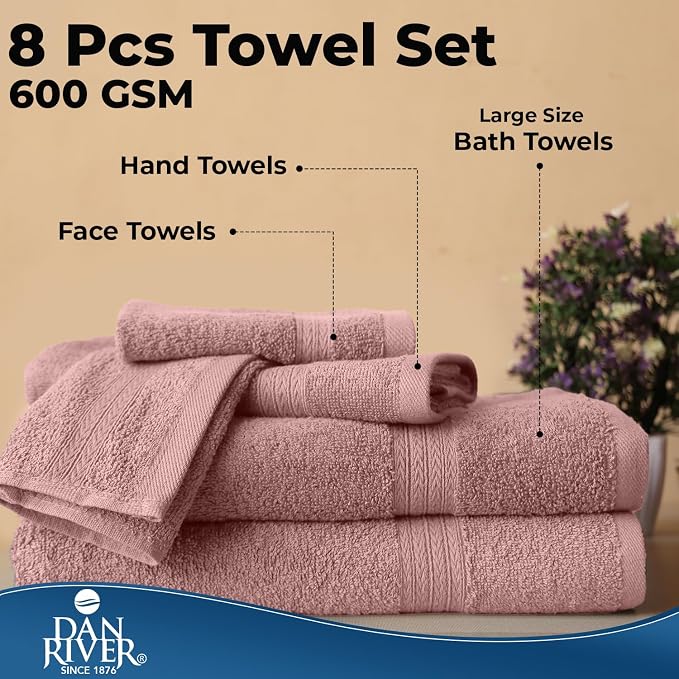 DAN RIVER 8 Piece Luxury Bath Towels for Bathroom, Towel Set, Dusty Rose | 2 Bath towels, 2 Hand towels, and 4 Wash Cloths, 600 GSM 100% Ring Spun Cotton, Highly Absorbent, Gym, Hotel, guest, and Spa