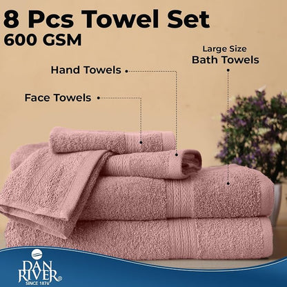 DAN RIVER 8 Piece Luxury Bath Towels for Bathroom, Towel Set, Dusty Rose | 2 Bath towels, 2 Hand towels, and 4 Wash Cloths, 600 GSM 100% Ring Spun Cotton, Highly Absorbent, Gym, Hotel, guest, and Spa