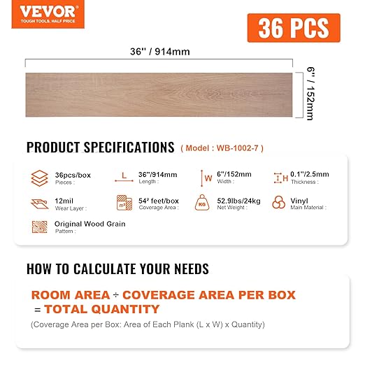 VEVOR Self Adhesive Vinyl Floor 36 x 6 inch, 36 Tiles 2.5mm Thick Peel and Stick Floor Tile Home Decor Natural Wood Grain DIY Flooring for Kitchen, Dining Room, Bedrooms & Bathrooms(54 Sq.Ft)