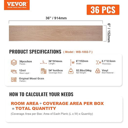 VEVOR Self Adhesive Vinyl Floor 36 x 6 inch, 36 Tiles 2.5mm Thick Peel and Stick Floor Tile Home Decor Natural Wood Grain DIY Flooring for Kitchen, Dining Room, Bedrooms & Bathrooms(54 Sq.Ft)