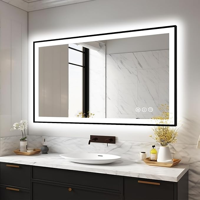 EchosLife 48x32 LED Bathroom Mirrors for Wall - Black Aluminum Framed | Black Frame, Front and Backlit, Anti-Fog, Stepless Dimmable, 3 Colors, Memory, Tempered Glass, UL Listed, Horizontal/Vertical