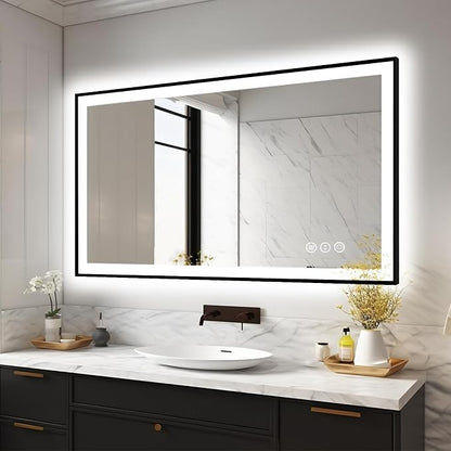 EchosLife 48x32 LED Bathroom Mirrors for Wall - Black Aluminum Framed | Black Frame, Front and Backlit, Anti-Fog, Stepless Dimmable, 3 Colors, Memory, Tempered Glass, UL Listed, Horizontal/Vertical