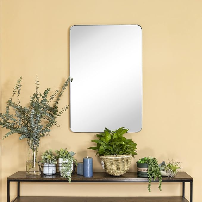 GRACTO 24 x 36'' Polished Nickel Rectangle Bathroom Vanity Mirror for Wall Polished Silver Metal Framed Rounded Rectangular Bathroom Vanity Mirrors, Vertical and Horizontal Hanging…