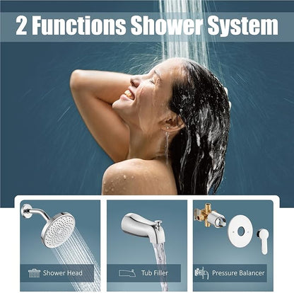 Aolemi Tub Shower Faucet Set With Valve Wall Mount Shower Trim Kit 6 Inch Bathtub Fixtures Rough-in Valve Single-Spray Shower Head System 5.3 Inch Tub Spout Polish Chrome Modern