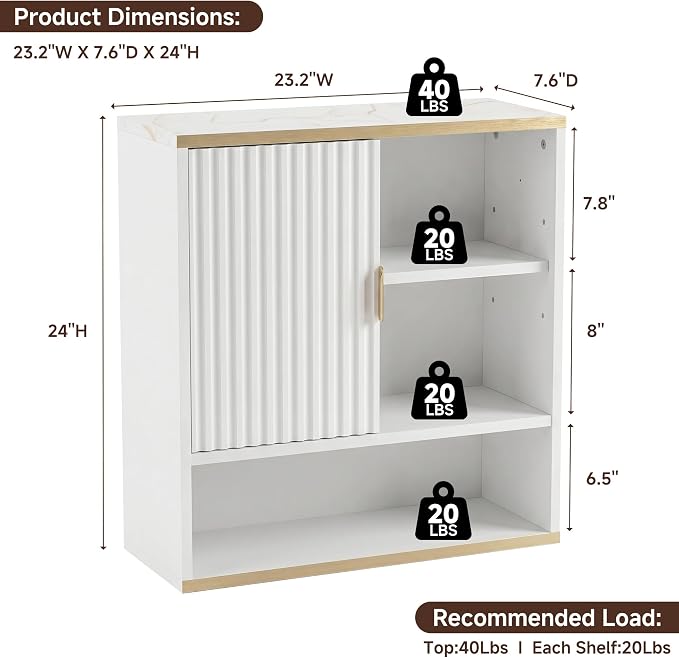 Bathroom Wall Cabinet Fluted,Medicine Cabinet Over Toilet Storage Cabinet | Fernitry Farmhouse Wall Mounted Storage Cabinet Organizerwith Adjustable Shelf, Wood White Gold 23.33''Wide
