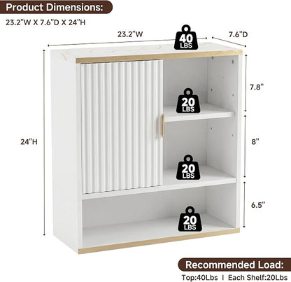 Bathroom Wall Cabinet Fluted,Medicine Cabinet Over Toilet Storage Cabinet | Fernitry Farmhouse Wall Mounted Storage Cabinet Organizerwith Adjustable Shelf, Wood White Gold 23.33''Wide