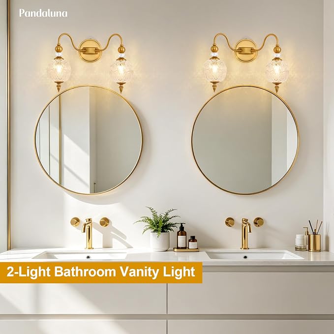 Vintage 2-Light Bathroom Vanity Light Over Mirror, Matte Brass | 17in Wide Farmhouse Bathroom Decor, Ribbed Glass Shades, G9 base, Wall Mounted, Mid Century Wall Sconces Vanity Lighting