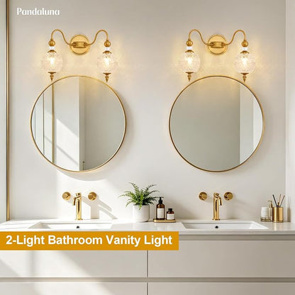Vintage 2-Light Bathroom Vanity Light Over Mirror, Matte Brass | 17in Wide Farmhouse Bathroom Decor, Ribbed Glass Shades, G9 base, Wall Mounted, Mid Century Wall Sconces Vanity Lighting