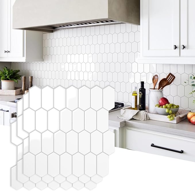 Vamos Tile Thicker Design Long Hexagon Peel and Stick Backsplash Tile | 10-Sheet Pure White with Gray Grout Self Adhesive Wall Tiles Stick On Backsplash for Kitchen Bathroom RV Fireplace