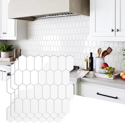Vamos Tile Thicker Design Long Hexagon Peel and Stick Backsplash Tile | 10-Sheet Pure White with Gray Grout Self Adhesive Wall Tiles Stick On Backsplash for Kitchen Bathroom RV Fireplace