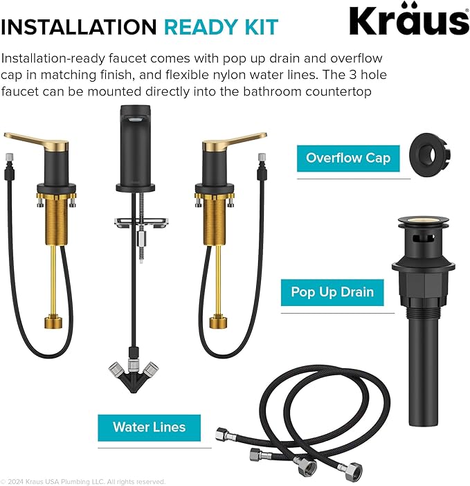KRAUS Indy Widespread Bathroom Faucet in Spot-Free Brushed Brass/Matte Black with 2 Handles, Pop Up Drain and Supply Lines, FUS-14103SFBBMB