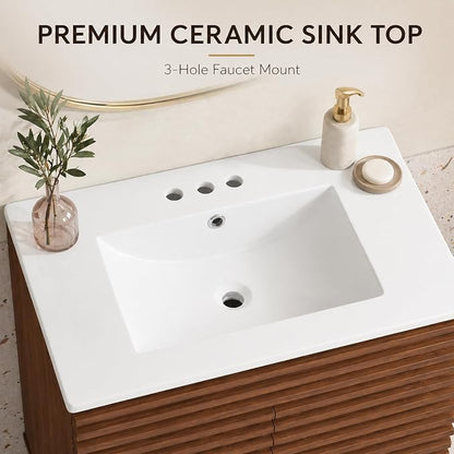 24 Inch Bathroom Vanity with Sink, Walnut Fluted Freestanding Bathroom Vanity Cabinet with Ceramic Sink Top, Solid Wood Legs, Soft Close Double Doors and Modern Storage Cabinet