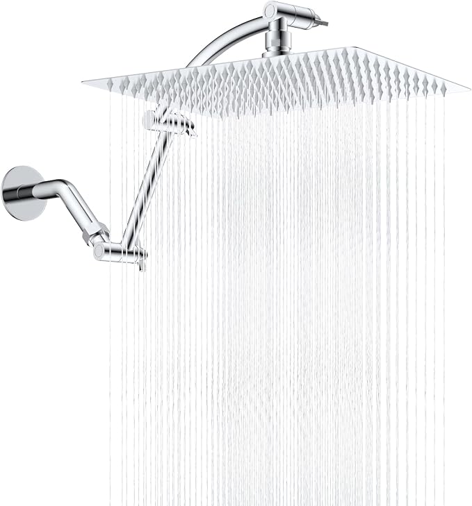 Hibbent All Metal 12'' Rain Shower Head with 16'' Extension Arm, Chrome | cUPC Certified High Pressure Rainfall Showerhead with Solid Brass Adjustable Shower Head Extension Arm, Fixed Showerheads