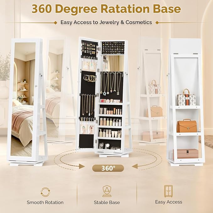 Bonnlo 360° Swivel Jewelry Mirror Cabinet with Inside Makeup Mirror,Full Length Mirror with Jewelry Storage, Lockable Standing Jewelry Armoire Organizer, Espejo Oon Almacenamiento for Bedroom,White