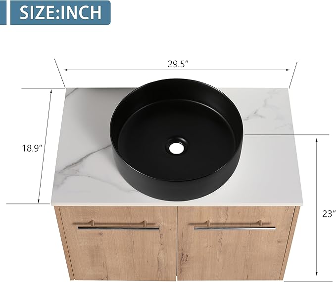 30" Floating Vanity with Sink, 30 Inch Bathroom Vanity with Sink, Modern Plywood Floating Cabinet with Sintered Stone Countertop and Black Ceramic Basin, Soft Close Doors
