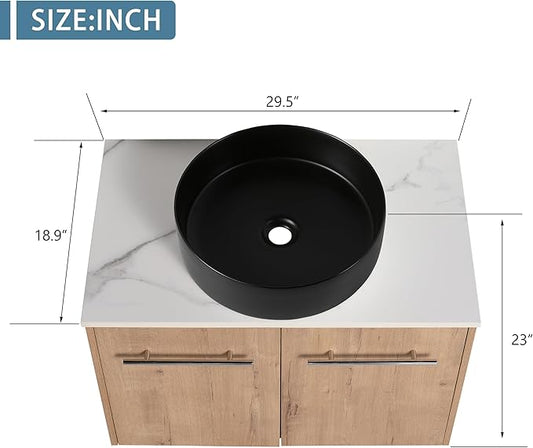 30" Floating Vanity with Sink, 30 Inch Bathroom Vanity with Sink, Modern Plywood Floating Cabinet with Sintered Stone Countertop and Black Ceramic Basin, Soft Close Doors