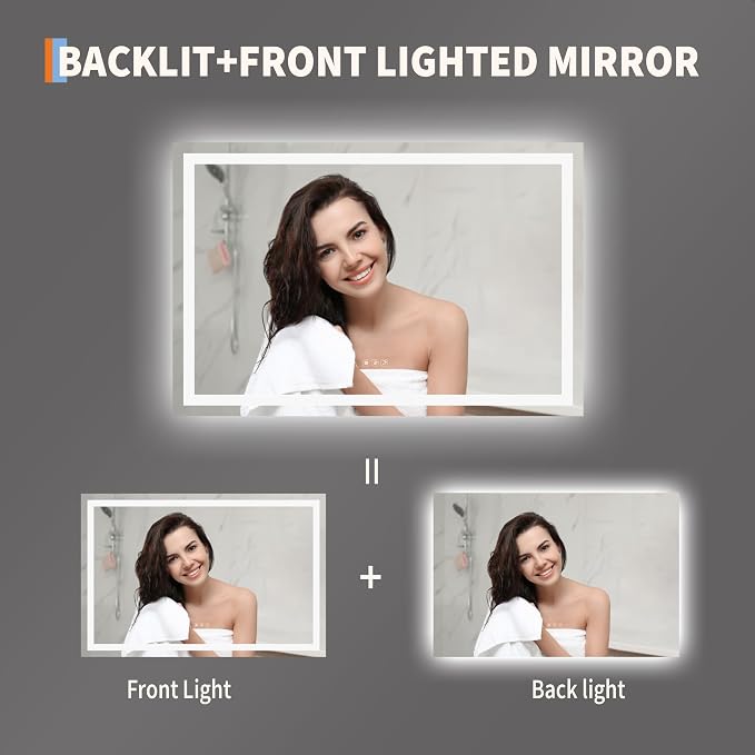 LED Bathroom Mirror 45 x 30 inch, Lighted Bathroom Vanity Mirror with Front Light and Backlit Ambient Light, Frameless Wall Mounted Mirror with Adjustable Color Temperature, 5mm HD Glass