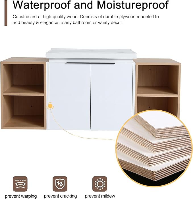 Malwee 48" Floating Bathroom Vanity with White Ceramic Basin Sink Top, 48 Inch Single Sink Wall Mounted Bathroom Vanity, with 2 Doors and 2 Storage Shelves.MA07448