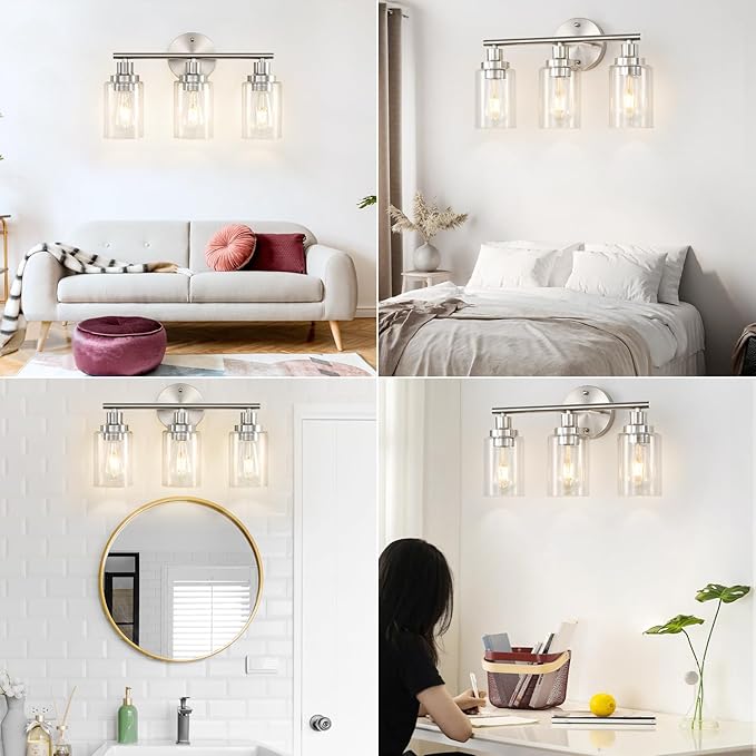 Vanity Wall Light Fixtures, Modern 3 Lights Wall Sconce with Clear Glass Shade, Brushed Nickel Farmhouse Wall Lamp for Bathroom Mirror Kitchen Porch Living Room Workshop (E26 Base) | Modern Wall Sconce with Clear Glass Shade, Brushed Nickel Farmhouse W...