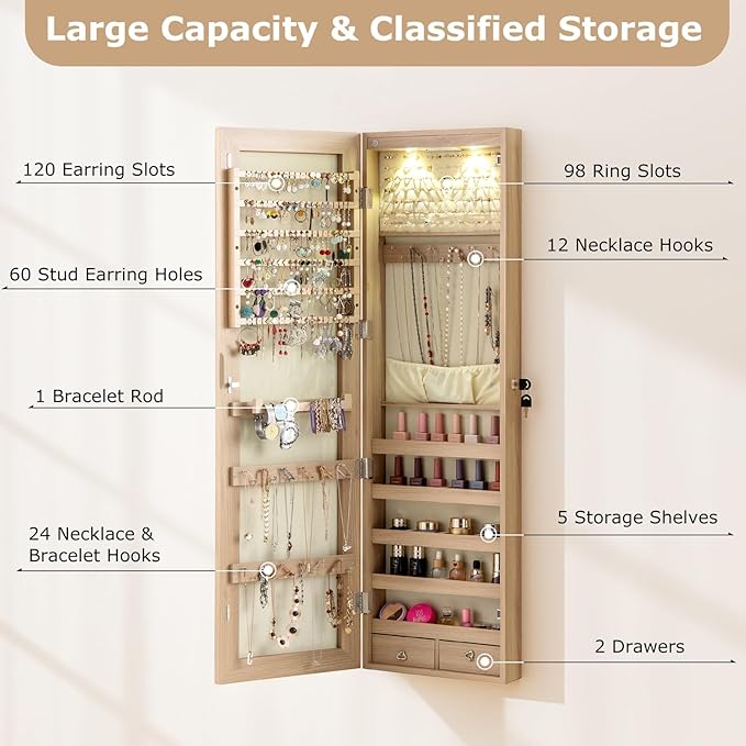 LDAILY Moccha Wall Door Jewelry Armoire, 47.5" H Full Length Mirrored Jewelry Cabinet with 2 LED Lights and 2 Drawers, Lockable Jewelry Cabinet, Jewelry Organizer Storage for Bedroom (Light Oak)