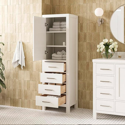 ARIEL Cambridge Bathroom Storage Cabinet - Solid Hevea Wood and Fully Assembled for Long-Lasting Durability and Sophisticated Finish, Freestanding Linen Bathroom Cabinet - 65”H x 20”W x 16”D, White