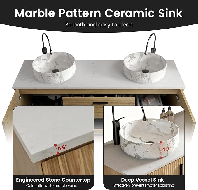 60" Bathroom Vanity with Double Carrara Sink, Wall-Mounted, Oak | Fluted Double Ceramic Vessel Sink Bathroom Vanity with Soft-Closing Drawers & Doors, Engineered Stone Countertop