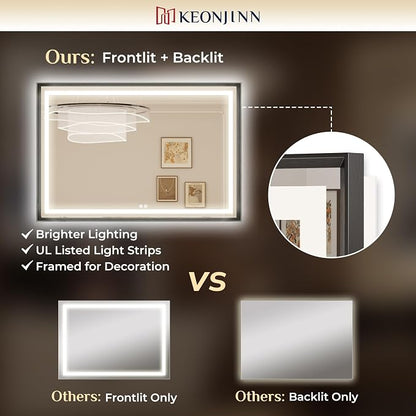 Keonjinn 72x36 Inch Black LED Bathroom Mirror with Lights, Beveled Edge | Frontlit & Backlit, Lighted Bathroom Mirror, HD Tempered Glass, 3 Color Temperatures, Anti-fog, Stepless Dimmable