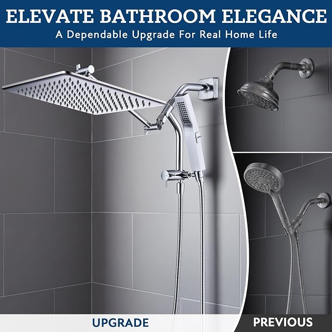 G-Promise 12 Inch All Metal Rain Shower Head with Handheld Spray (Chrome) | Full Body Coverage, Pause Mode Diverter, Power Wash Mode Handheld, Suits Every Height, Easy to Install, Modern Bath Upgrade