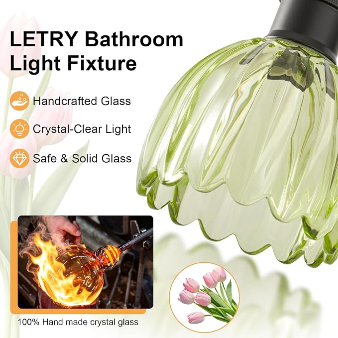 Bathroom Light Fixtures, 3-Light Brushed Black Vanity Lights for Bathroom with Green Tulip Glass Shade, 20" Vintage Bathroom Vanity Lighting Fixtures Over Mirror for Bedroom Living Room Hallway