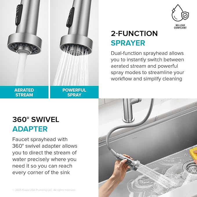 KRAUS Oletto Commercial Style 2-Function Single Handle Pull Down Kitchen Faucet in Spot-Free Stainless Steel, KPF-2643SFS