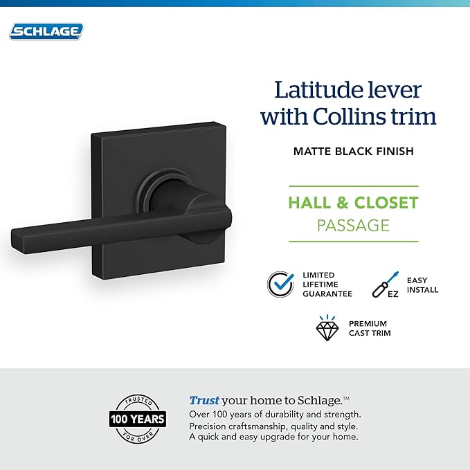 Schlage F10 LAT 622 COL Latitude Collins Passage Lever for Interior Hall and Closet, Matte Black