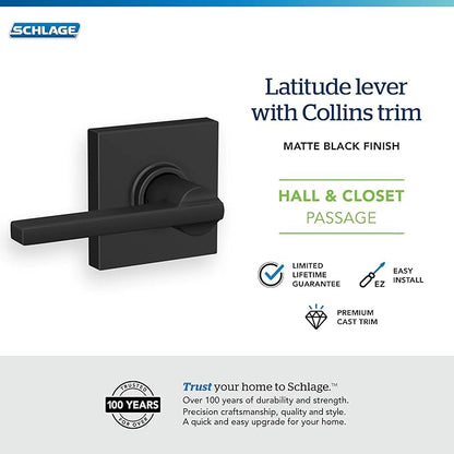 Schlage F10 LAT 622 COL Latitude Collins Passage Lever for Interior Hall and Closet, Matte Black