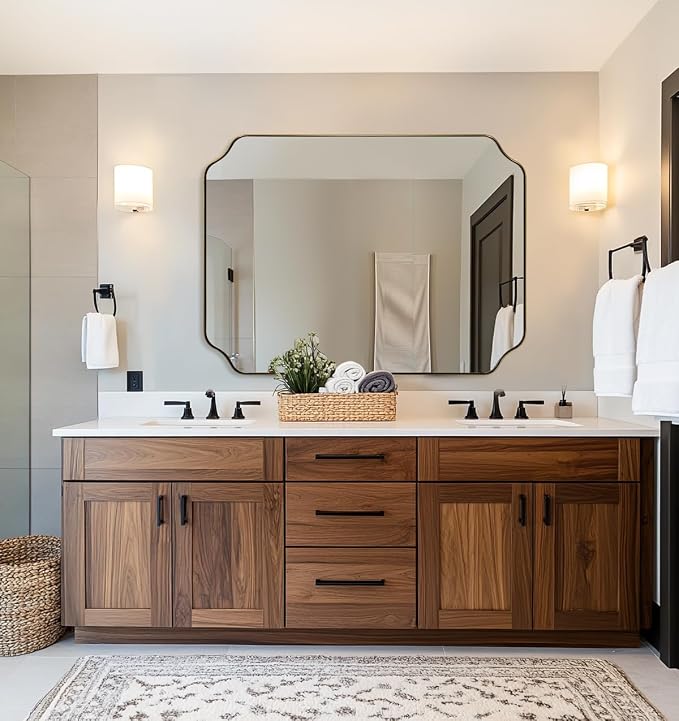 36x48 Inch Large Mirror, Matte Black Rectangle Mirror for Wall, Bathroom Mirror in Premium Stainless Steel Metal Thin Frame Deep 1’’, Unique Rounded Scalloped Edge, Vertically/Horizontally