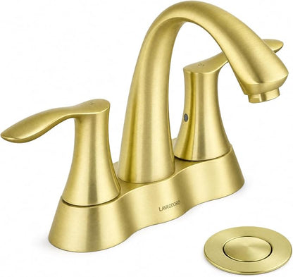 Brushed Gold Bathroom Faucet 3 Hole, 2 Handle Bathroom Sink Faucet, 4 Inch Centerset Bathroom Faucet with Drain Assembly, BF423-SG