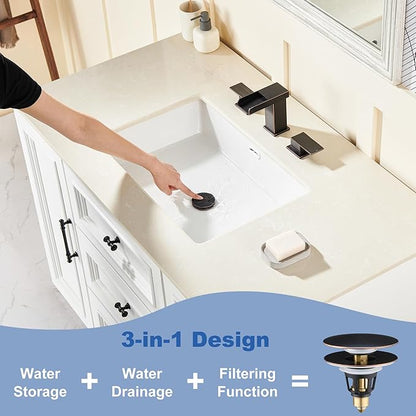 Universal 3-in-1 Bathroom Sink Stopper - Pop Up Sink Drain Stopper, Push Button Sink Drain Stopper Replacement, Wash Basin Drain Filter Plug with Anti-Clogging Strainer, Oil Rubbed Bronze