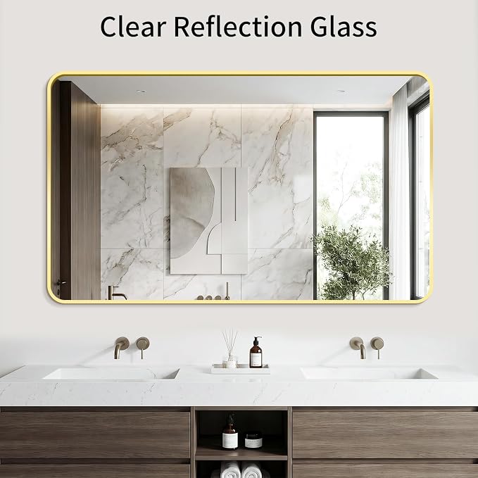 Bathroom Mirror for Wall, 30"x48" Black Bathroom Mirror for Over Sink, Shatterproof Tempered Glass Vanity Mirror with Anti-Rust Aluminum Alloy Frame, Hang Horizontally or Vertically, Gold