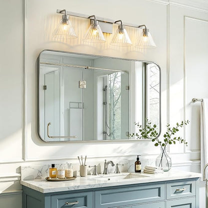 Brushed Nickel Bathroom Lighting Fixtures 4-Light Vanity Light Modern Bathroom Lights over Mirror with Ribbed Glass Shade 34 Inch Bathroom Vanity Lighting Fixtures for Bedroom Living Room Hallway