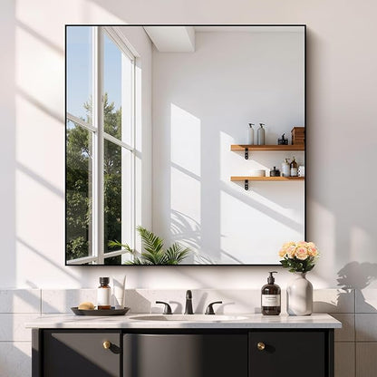 Black Bathroom Mirror for Wall, 39x39 Inch Rectangle Mirror with Metal Frame, Square Modern Vanity Mirrors for Bathroom Living Room, Entryway Hangs Horizontal or Vertical