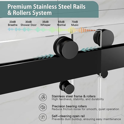 49-54" W x 76" H Frameless Double Sliding Shower Door for Walk-in Shower,5/16" (8mm) SGCC Certified Clear Tempered Safety Glass,Easy-Clean Coating,Quiet Heavy-Duty Roller System,Matte Black