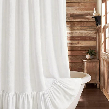 Farmhouse Shower Curtain Ruffle Linen White 72" W x 72" L | Farmhouse Boho, Bottom Ruffle, Cotton Fabric, Rustic, Country, Natural Look, Washable, Shower Curtain for Bathroom Bathtub