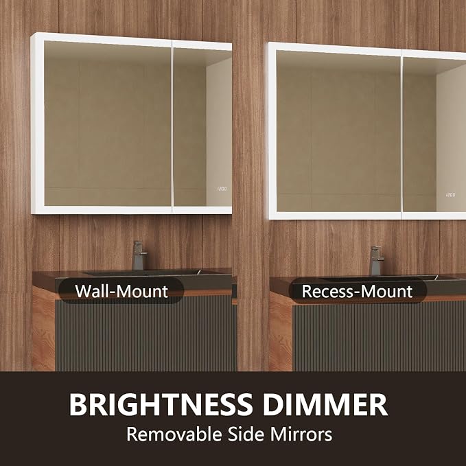 72 in. W Smart Lighted Medicine Cabinet with Mirror for Bathroom, Recessed/Surface Mount Medicine Cabinet with Anti-Fog, 1800W Charging Station, USB Ports, 3 Color Lights