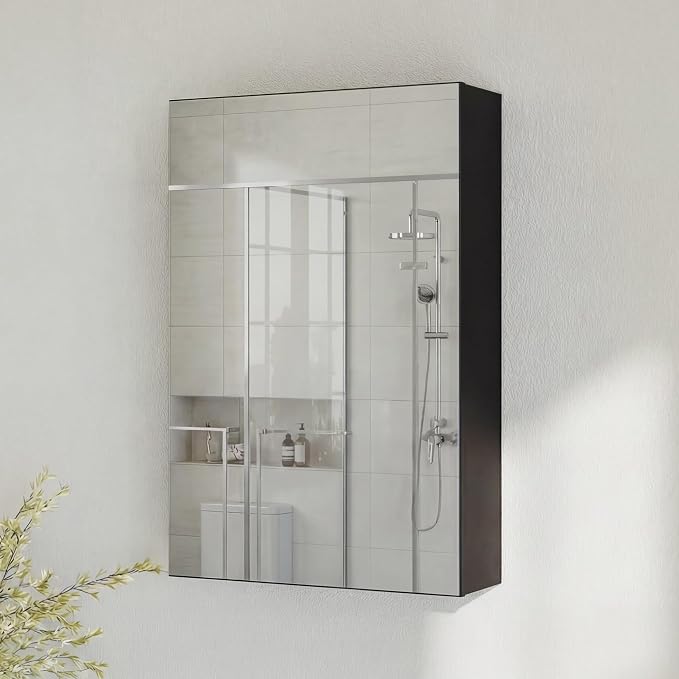 Panana Bathroom Cabinet Medicine Cabinets with Single Mirrored Door Wall Mounted Cabinet with Mirror, Storage Shelf with Adjustable Shelves Storage Organizer Kitchen Cupboard (Black, 19.7x27.6 inch)