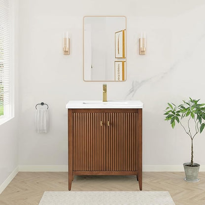 HOMEBEYOND 30" Bathroom Vanity with Ceramic Sink, Solid Wood Free-Standing Vanities Cabinet, Ceramic Top, Golden Brushed Handware & Soft Closing Door, Walnut