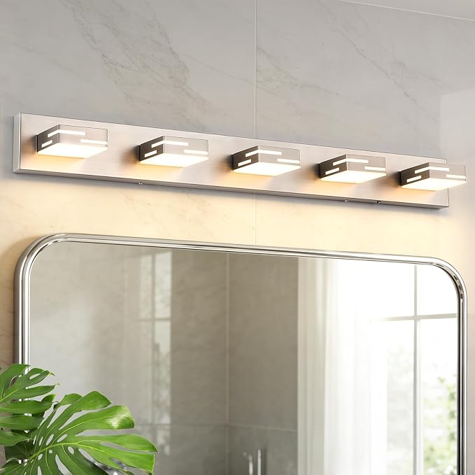 5-Light 5CCT Modern Bathroom Vanity Light Fixtures, 40-Inch 350° Rotatable LED Vanity Lights Over Mirror, Dimmable Brushed Nickel Wall Sconce with Frosted Acrylic Shade