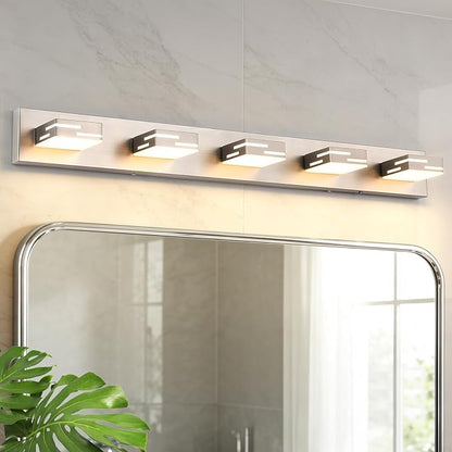 5-Light 5CCT Modern Bathroom Vanity Light Fixtures, 40-Inch 350° Rotatable LED Vanity Lights Over Mirror, Dimmable Brushed Nickel Wall Sconce with Frosted Acrylic Shade