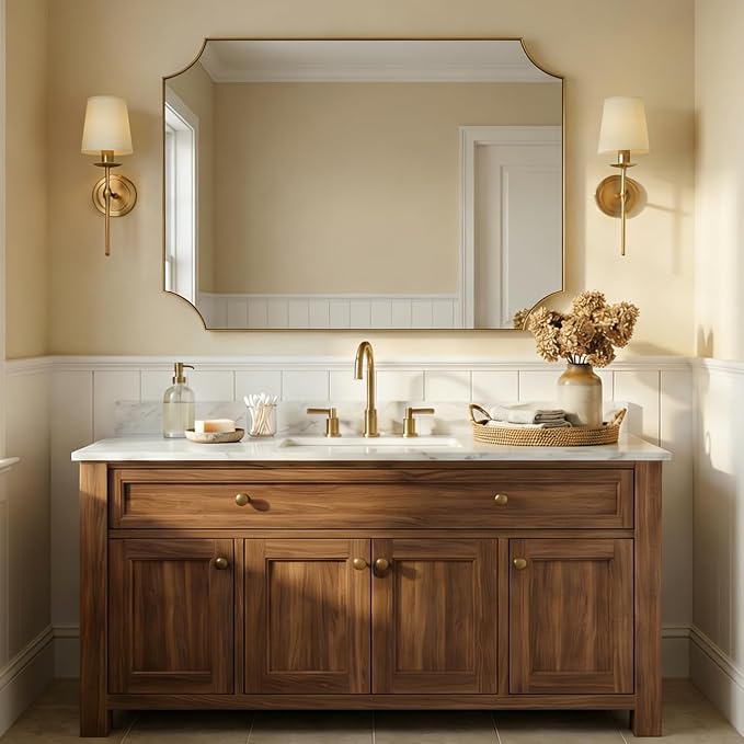 36"x48" Large Bathroom Mirror, Brushed Gold Vanity Mirror, Scalloped Rectangle Mirror in Anti-Rust Stainless Steel Thin Frame, Aesthetic Scalloped Corner Design, Ideal for Home Remodel