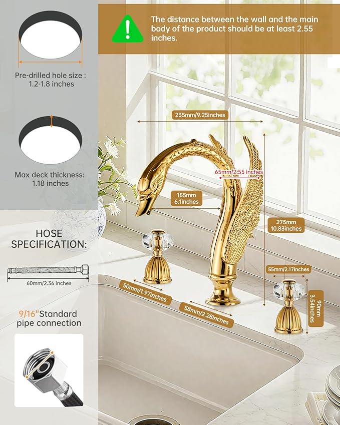 Swan Crystal Gold 3 Hole Vanity Brass 2 Handles 8 inch Cool Copper Widespread Unique Bathroom Sink Faucets, Ornate Restroom Taps Fixtures, 3 Pieces Bird Style Faucets (3 Hole, Golden)