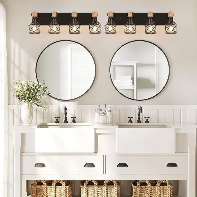 FadimiKoo 4-Light Bathroom Vanity Light Fixtures, Black Bathroom Lighting | Rustic Wood & Black Metal Shade, Wood Bathroom Lighting Fixtures Over Mirror, Wall Sconces for Bathroom Bedroom Living Room